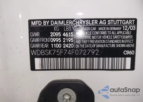 2004 Mercedes-Benz Sl 500 500 из США, поврежденный, VIN WDBSK75F74F072792